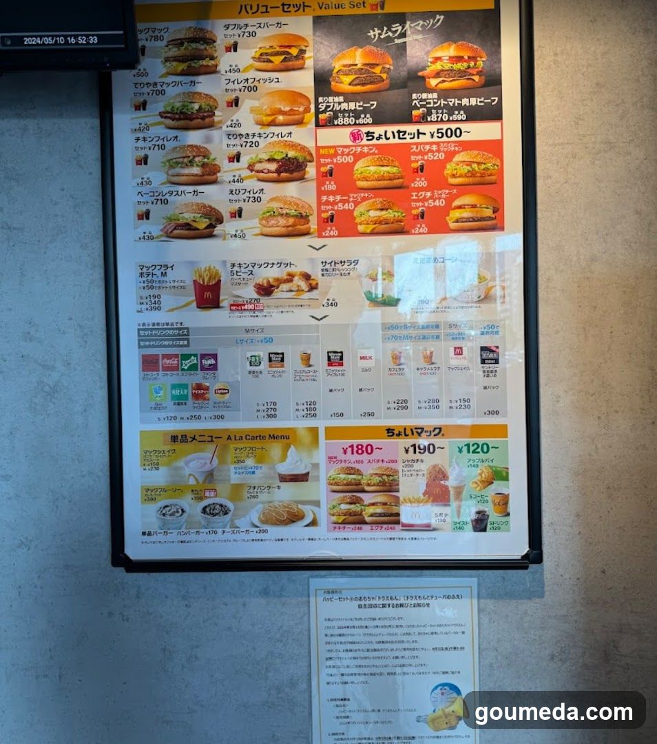 A framed menu board on a wall displaying various burger options, sides, and drinks with prices in yen.
