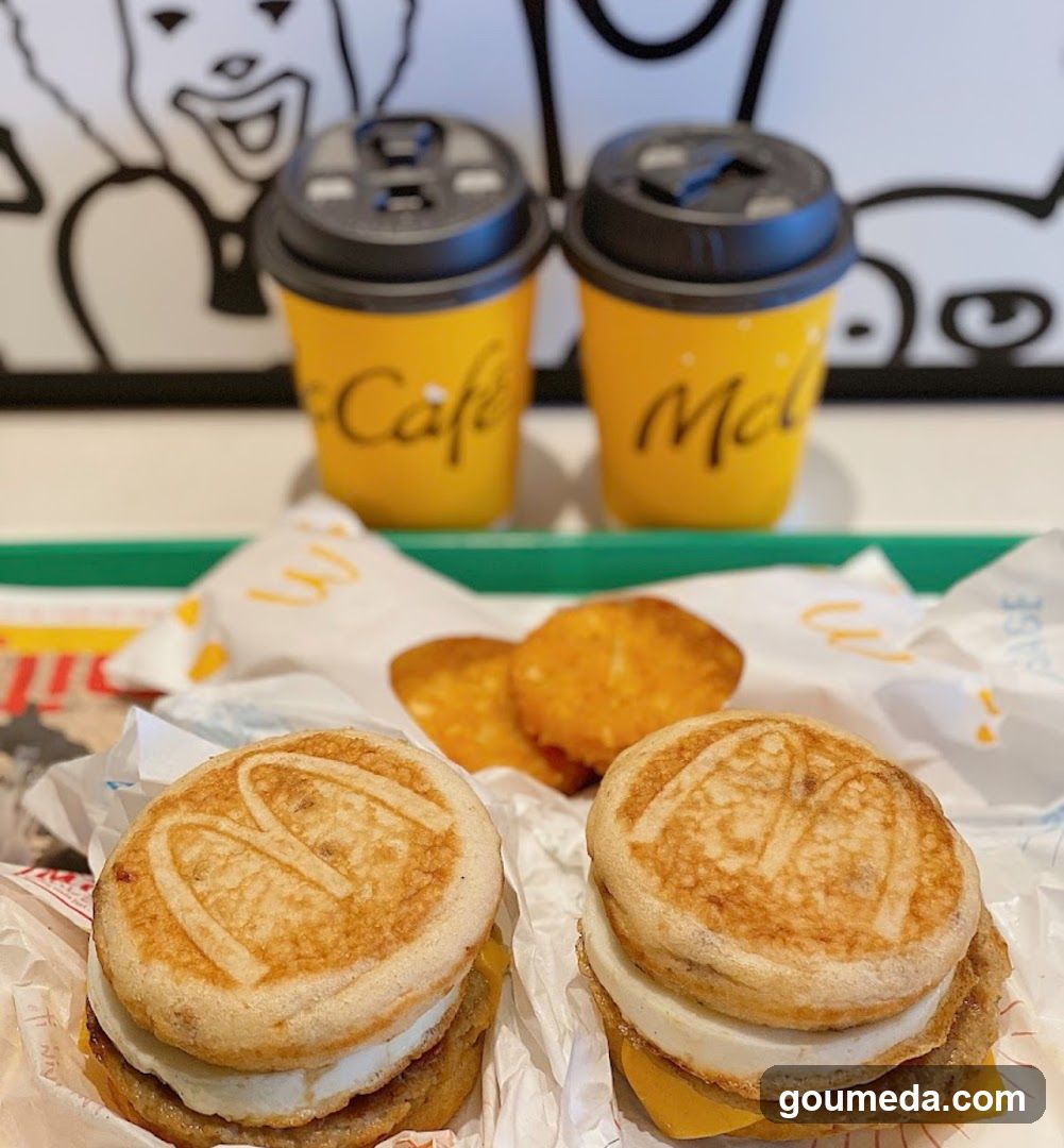 A tray with two breakfast sandwiches featuring English muffins, fried eggs, cheese, and sausage patties. Two yellow McDonald's McCafé coffee cups are in the background. Hash browns are visible on the side. The food is wrapped in branded paper.