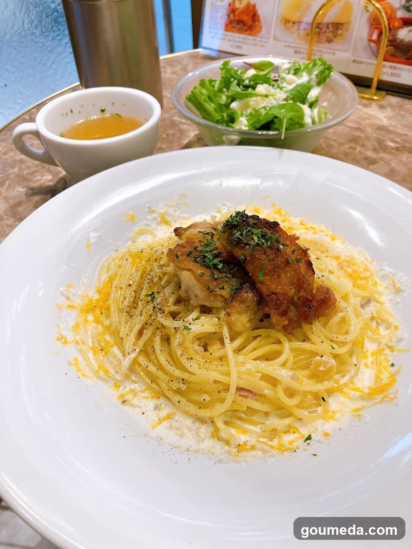 Pasta with Fried Chicken and Salad
