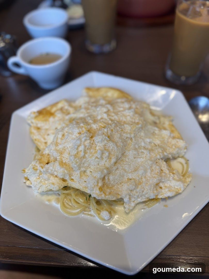 Egg Topped Pasta with Coffee