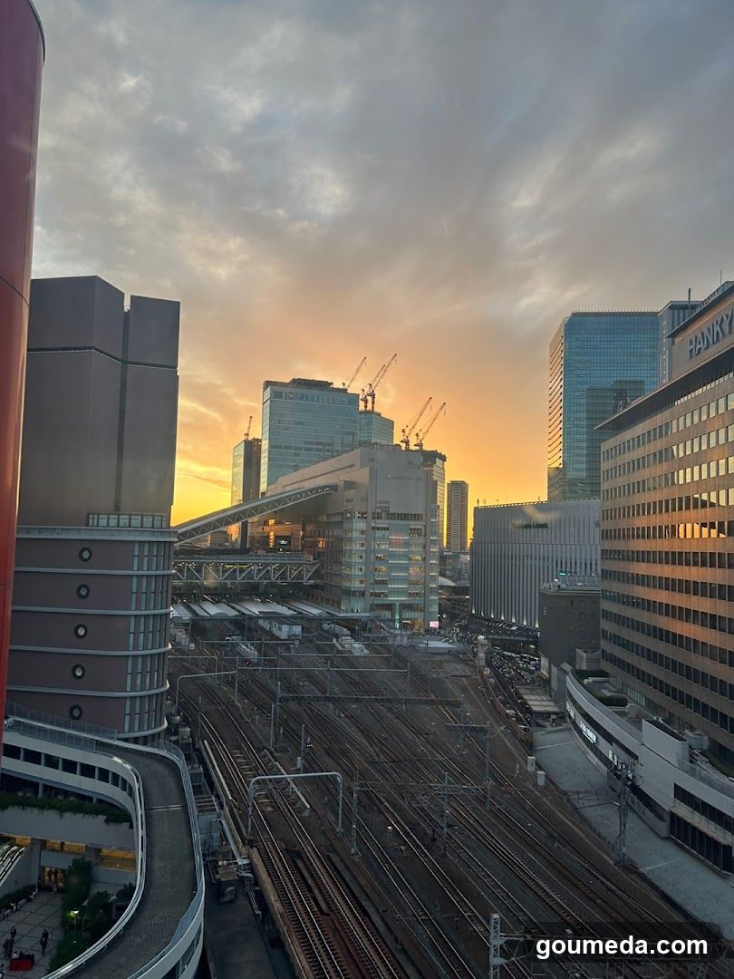 Sunset over urban railway station