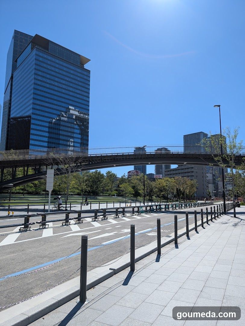 Urban Street Scene with Pedestrian Bridge