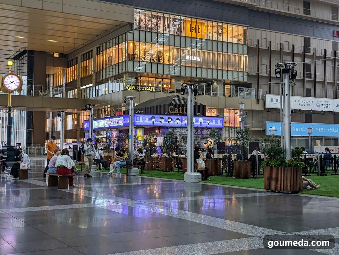 Outdoor plaza scene at dusk