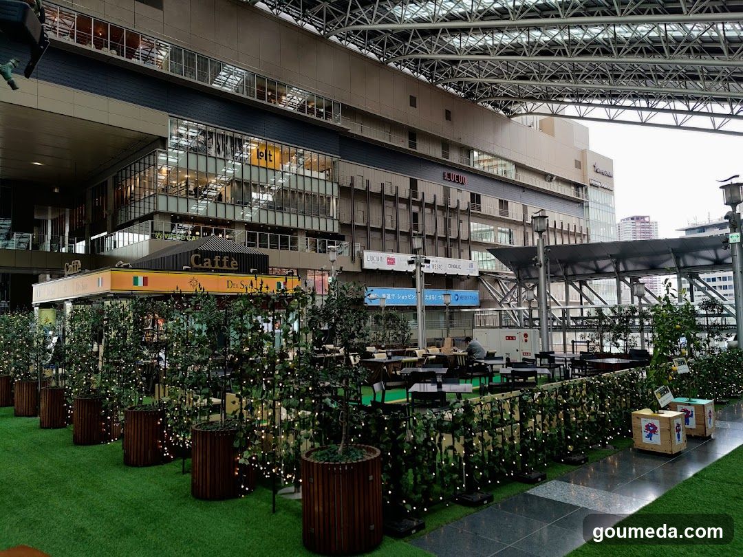 Outdoor Cafe Area with Greenery and Seating
