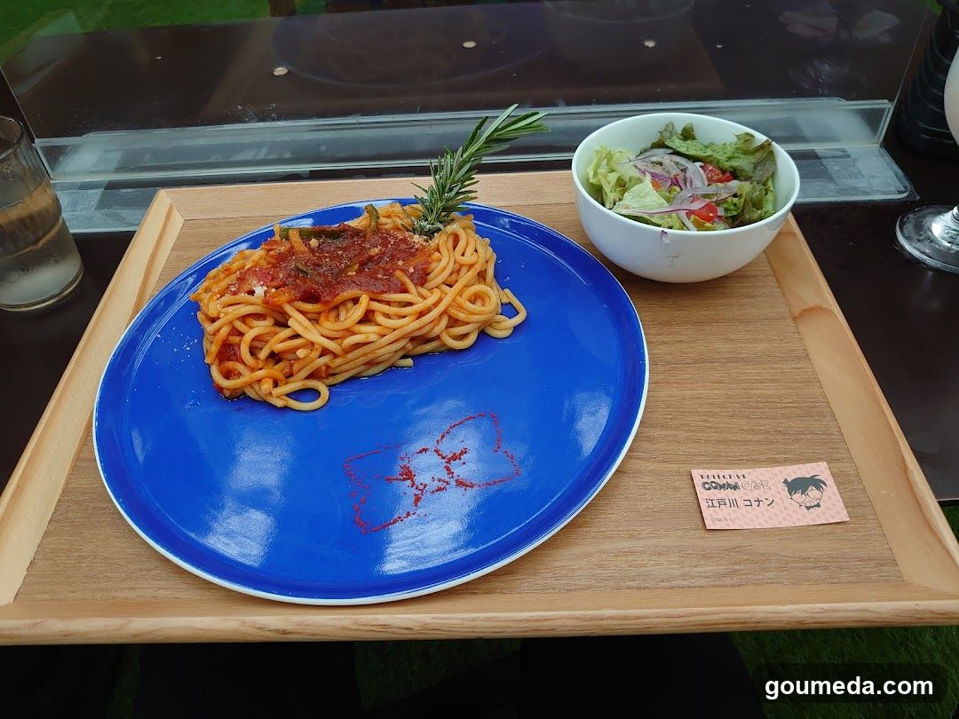 Spaghetti and Salad on a Wooden Tray