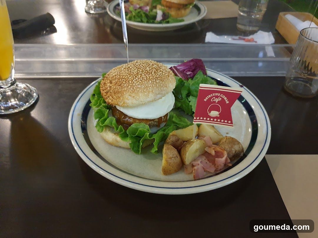 Burger with sides at cafe
