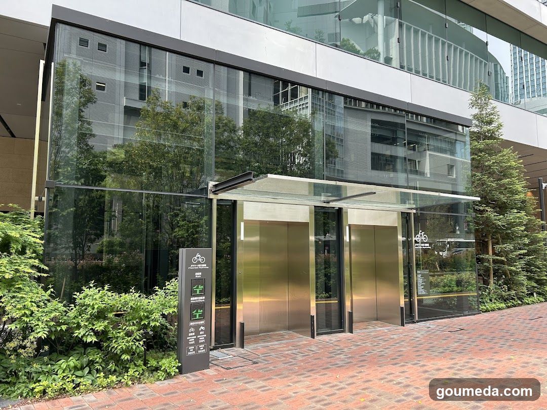Building Entrance with Elevators and Bike Parking Sign