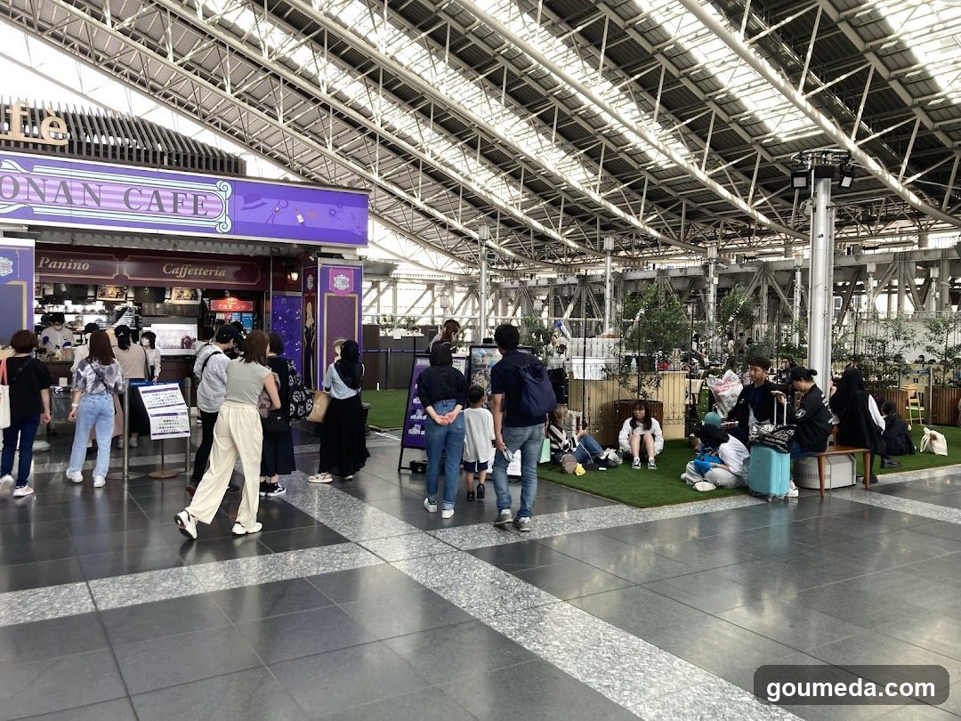Station Interior Scene with Cafe and Seating Area