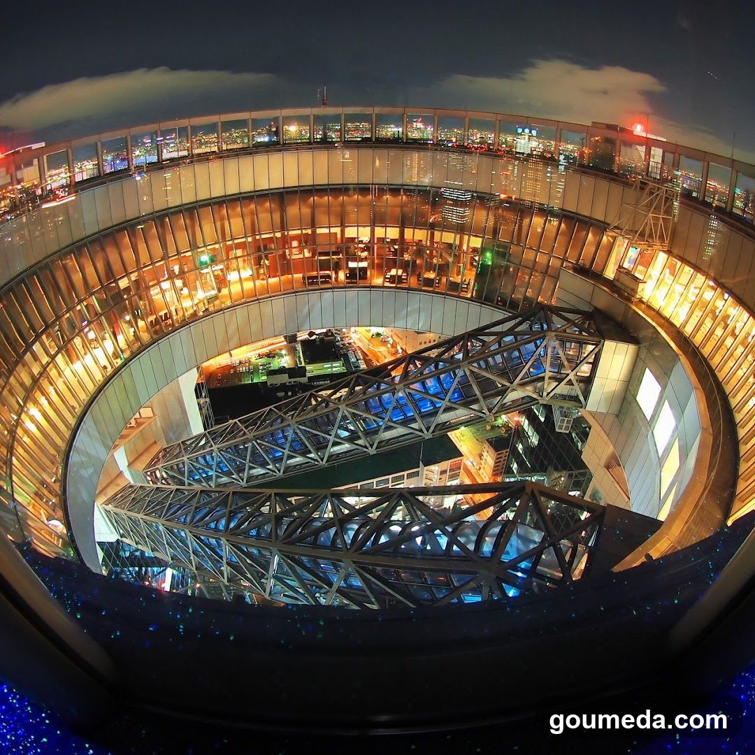 Night view of a multi-level building interior