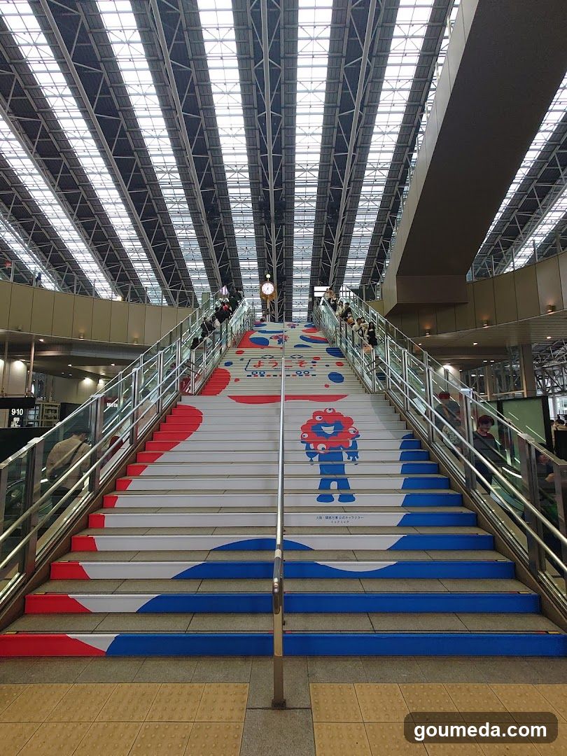 Staircase with colorful mural in a train station