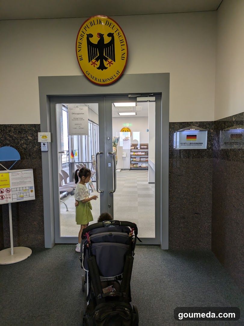 German Consulate Entrance with Stroller and Child