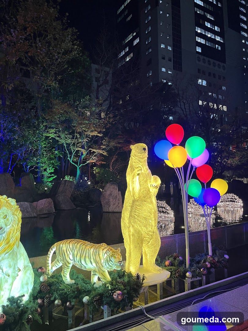 Night Festival Display with Animal Statues and Balloons