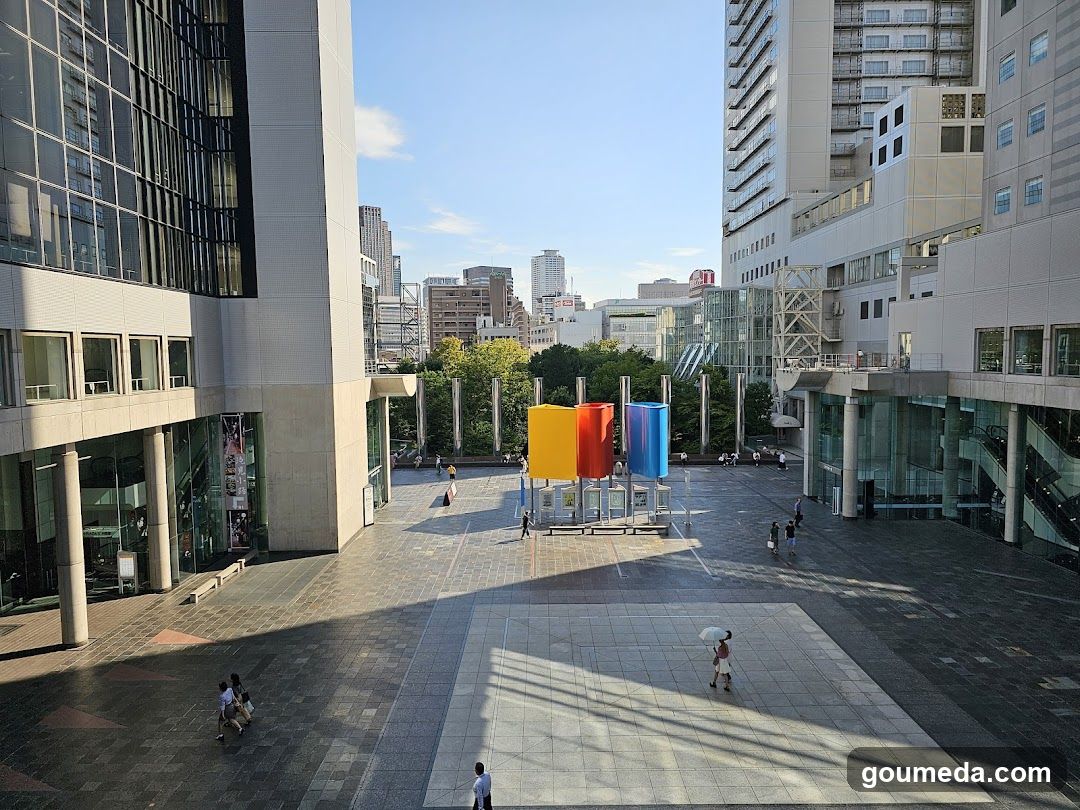 Urban plaza with colorful art installation