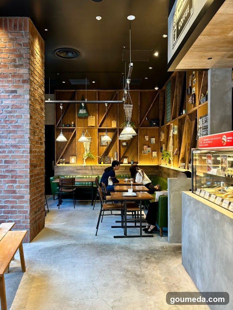 Interior of a cozy cafe with wooden shelves and brick walls
