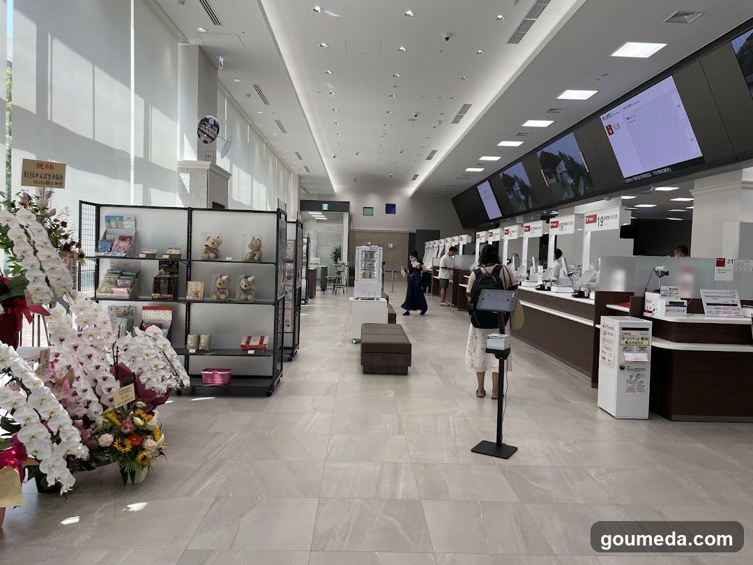 Bank Interior with Flowers and Queues