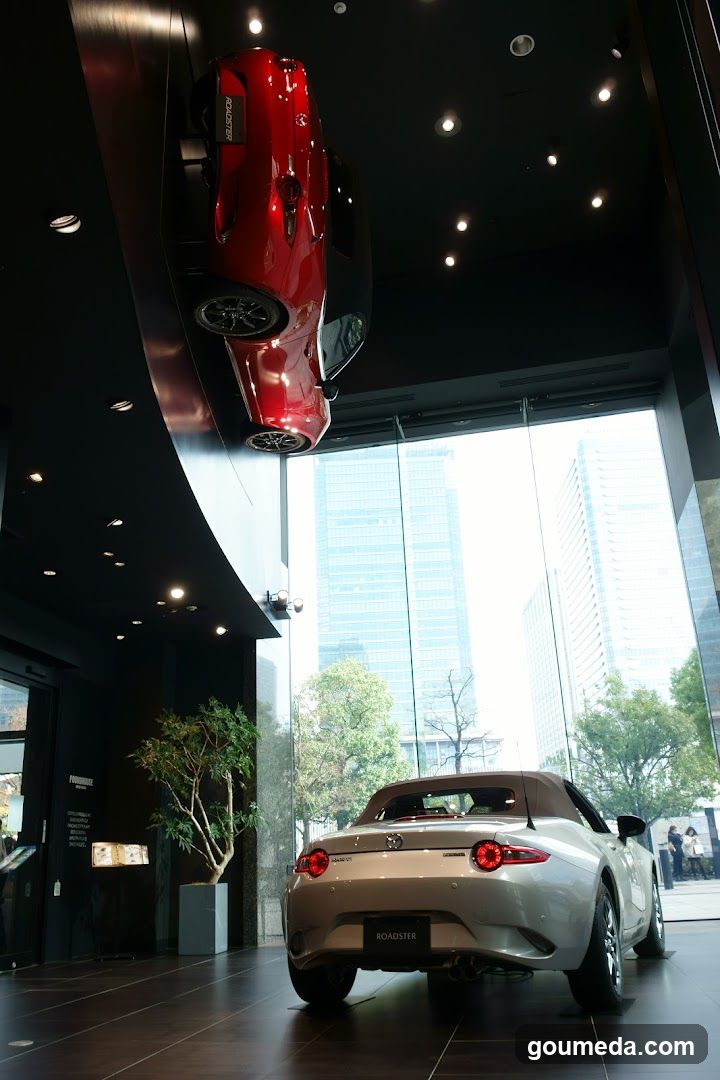 Car showroom interior with hanging vehicle display