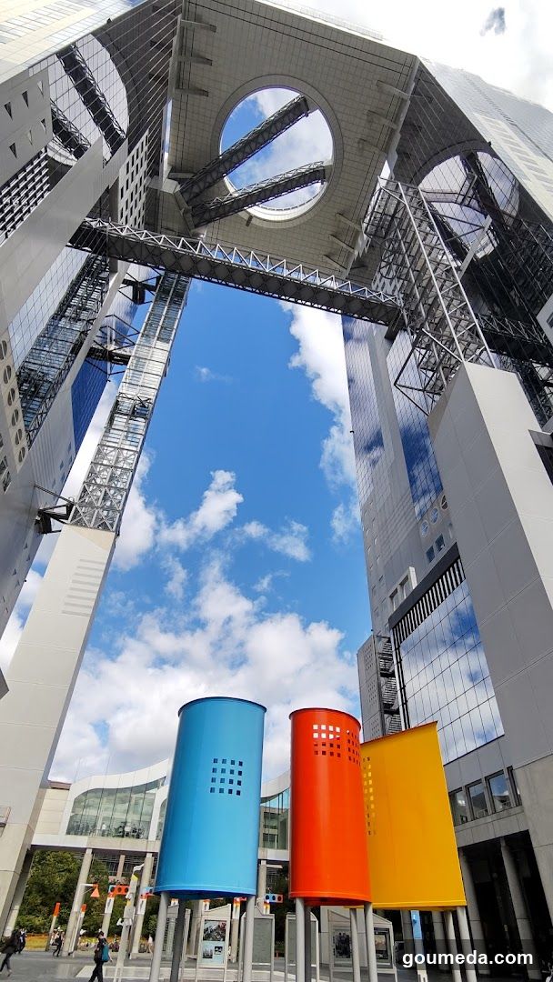 Skyline with colorful cylindrical structures