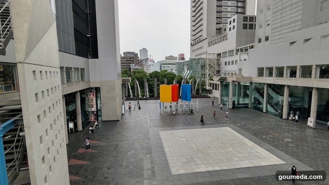 Urban plaza with colorful art installation