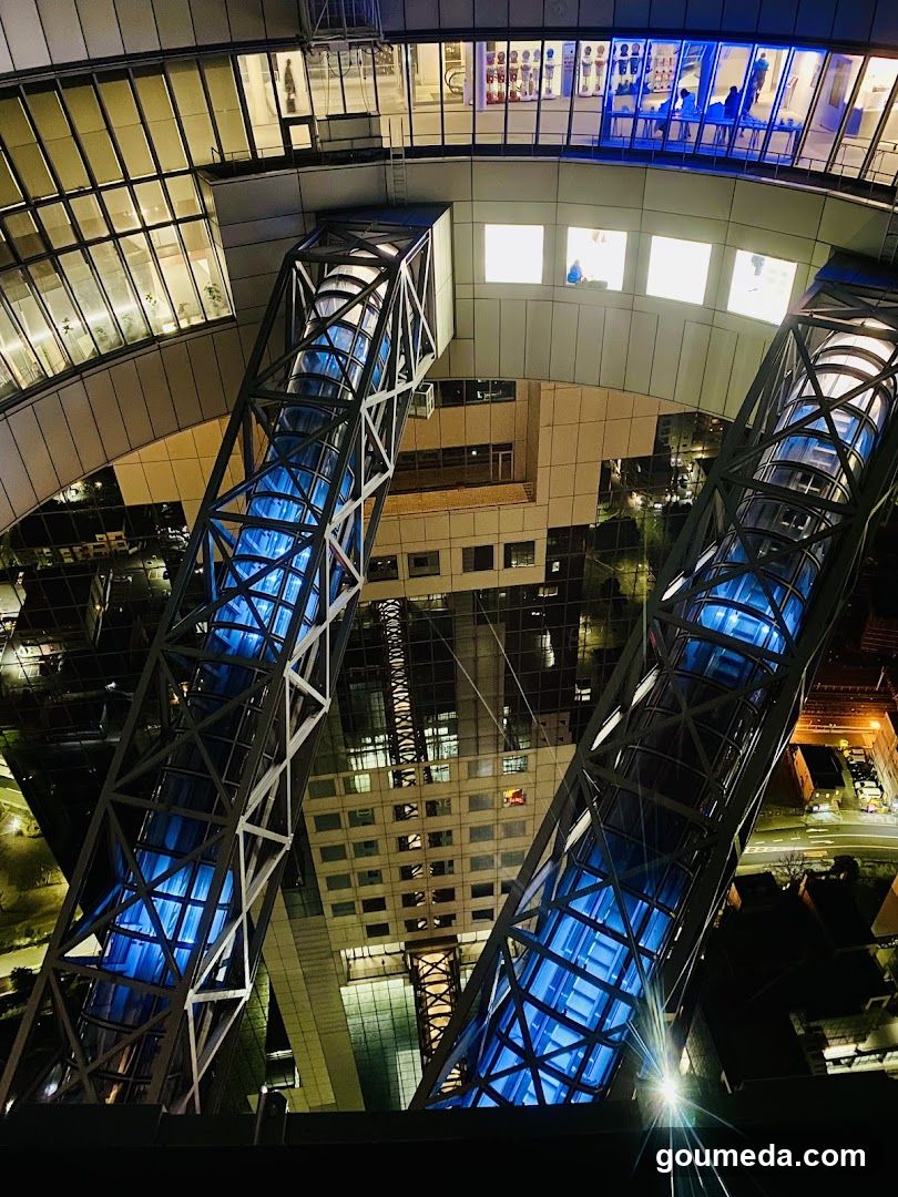 Night view of illuminated walkways and building facade