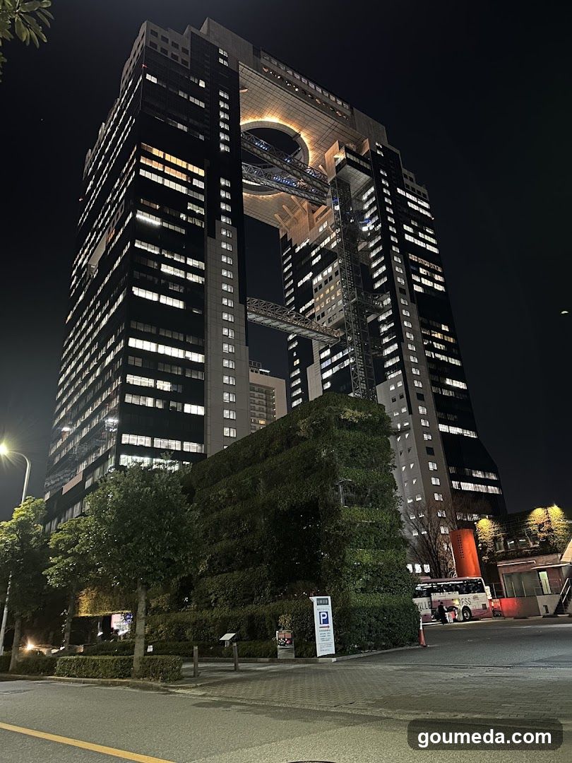 Night view of a tall building with illuminated windows and greenery in the foreground.