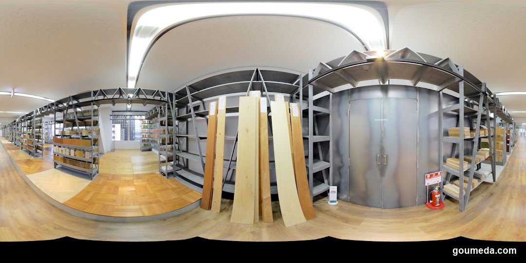 Warehouse Interior with Wooden Planks and Shelving Units