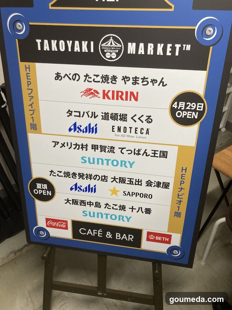 A promotional signboard displaying various takoyaki-related establishments and sponsors, including Kirin, Asahi, Suntory, Sapporo, Coca-Cola, and BETH. The board lists shop names in Japanese with some English translations, indicating an event or market theme centered around takoyaki.