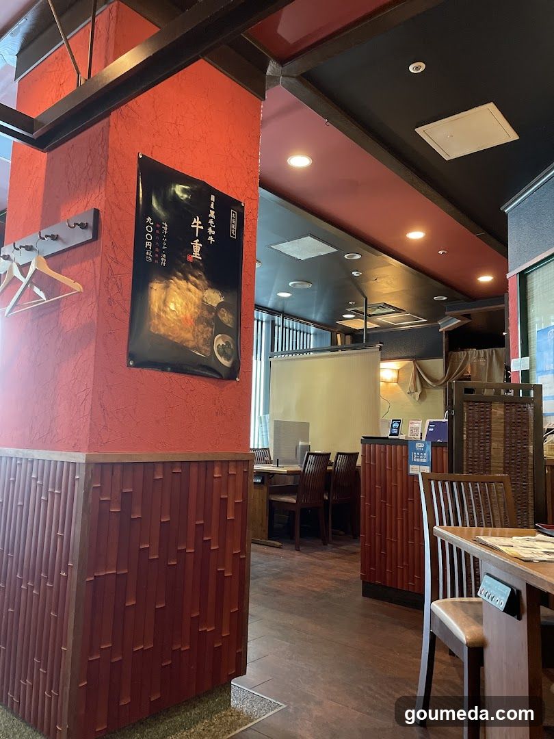 Restaurant Interior with Red Walls and Bamboo Decor