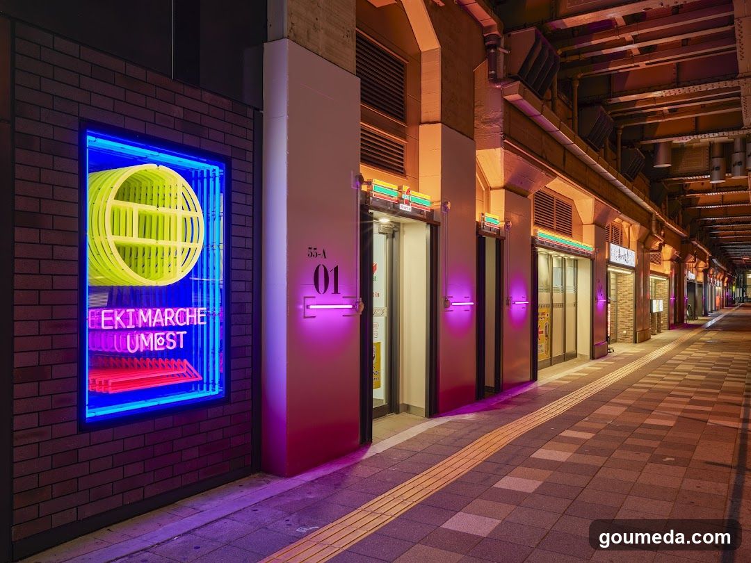 A row of illuminated shop fronts with neon signs, including a bright blue and yellow globe sign reading 'EKIMARCHE UMBEST' on the left wall. Purple neon strips accent the entrances of adjacent shops along a tiled walkway under an industrial-style ceiling.