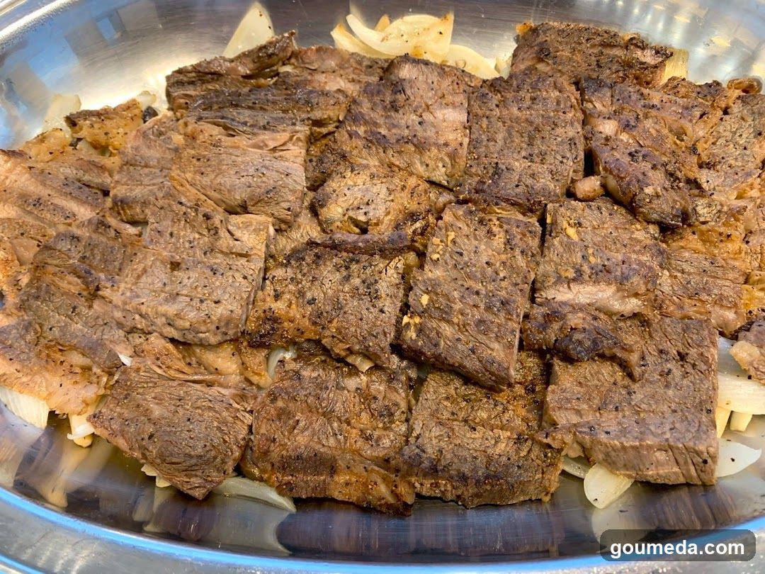 Seared Steak with Onions in Bowl