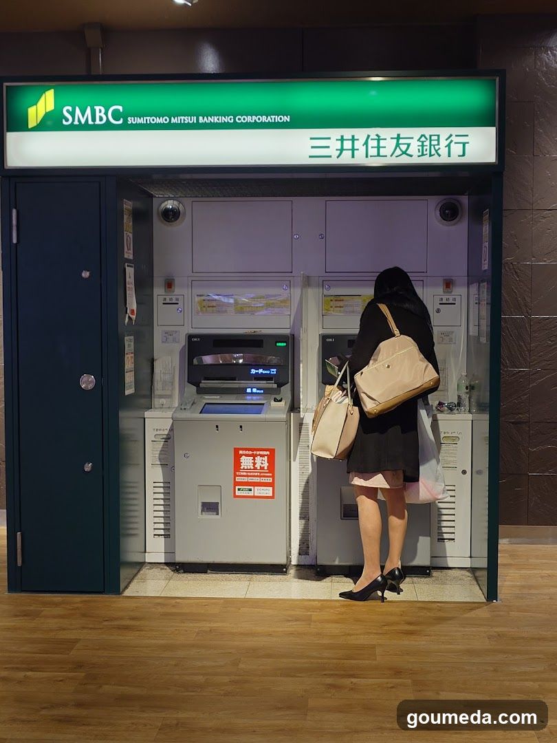 A self-service ATM booth of Sumitomo Mitsui Banking Corporation (SMBC), featuring a green and white sign with Japanese characters '三井住友銀行'. A woman stands at the machine, using it while carrying a beige handbag. The ATM is enclosed in a glass structure with visible security cameras above.