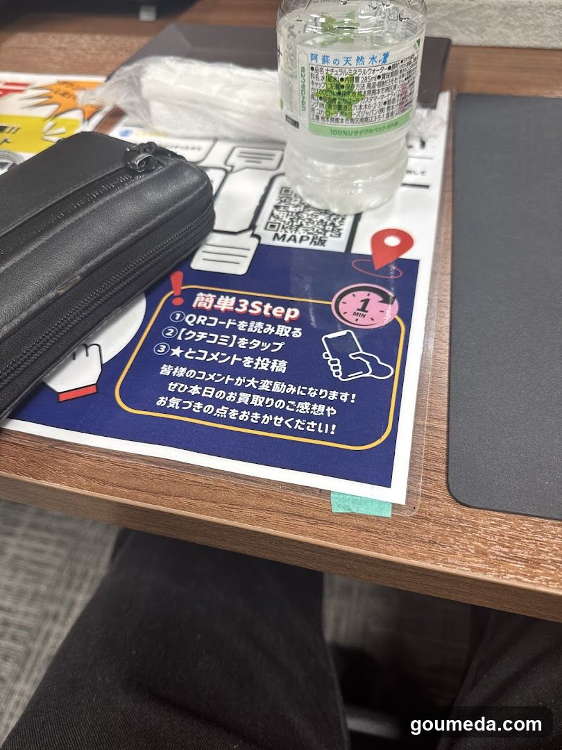 Table with promotional flyer and water bottle