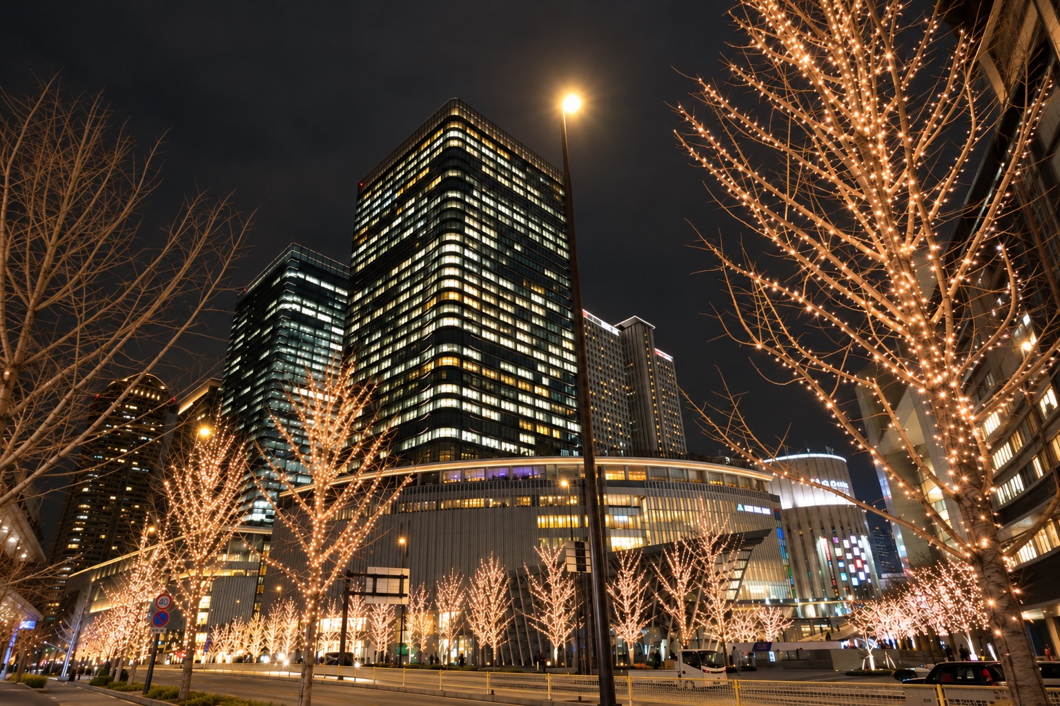 Walk Umekita's gold trees. The Sky Building can wait.
