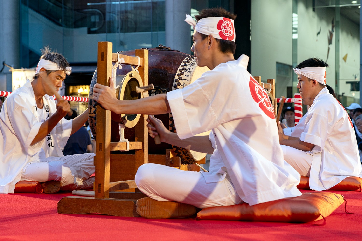 Da-Ni Hachiman Shrine dashi-hayashi drummers performing at the Shin-Umeda City Summer Festival in Osaka