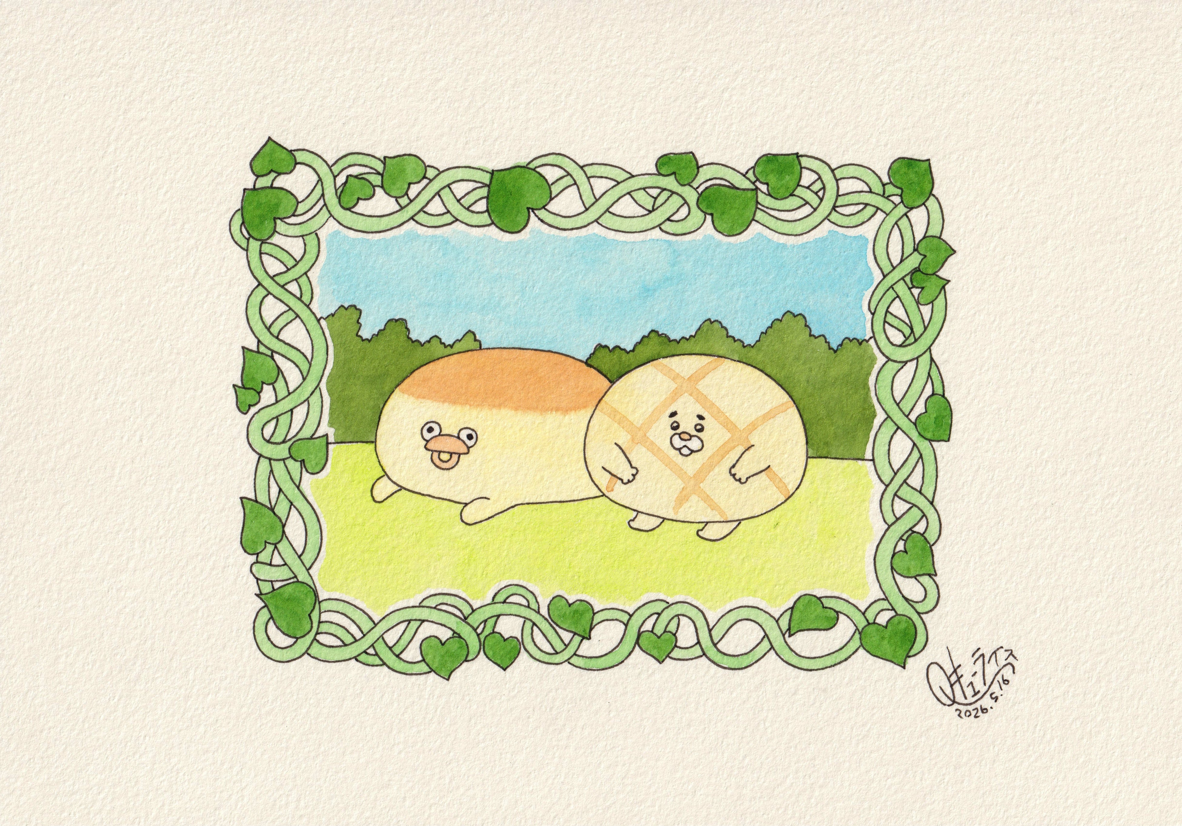 Newly drawn artwork titled Futatsu no Pan created by Q-rais for the Osaka venue of Q-rais EXPO at Daimaru Umeda